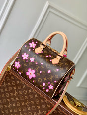 SPEEDY BANDOULIÈRE CHERRY BLOSSOM 25 IN SAKURA BROWN MONOGRAM COATED CANVAS