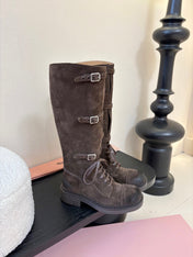 MIUMIU 25S ARMY BOOTS IN DARK BROWN SUEDE