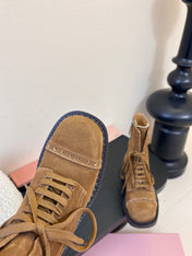 MIUMIU 25S LACED BOOTIES IN CINNAMON BROWN SUEDE
