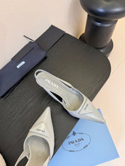 PRADA 26S POINTED TOE SLINGBACK HEELS 60MM IN LIGHT GRAY CALFSKIN WITH LOGO
