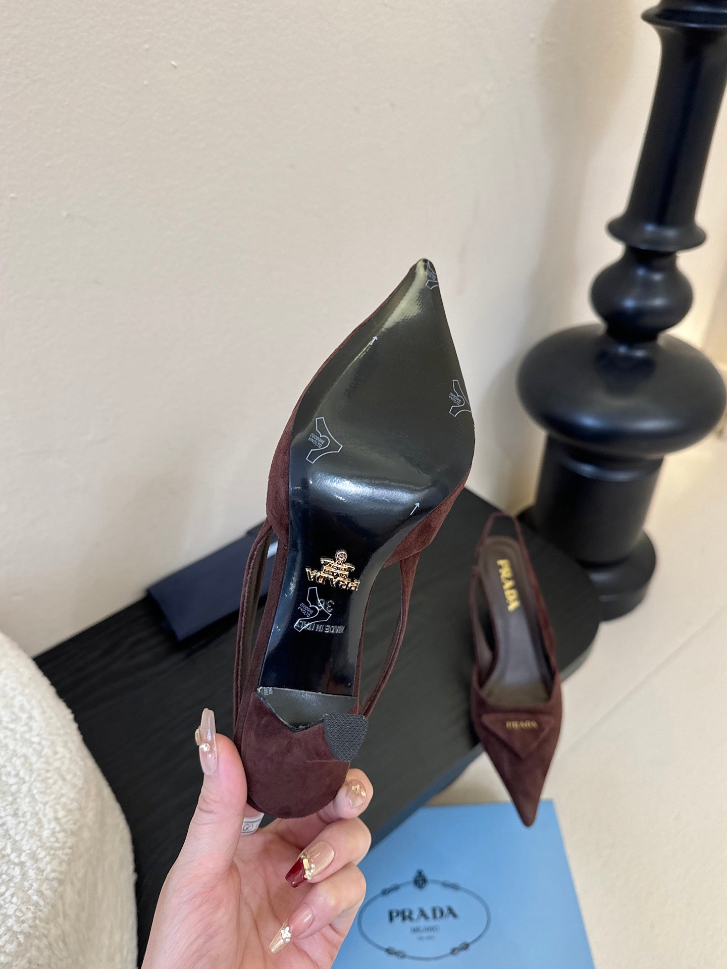 PRADA 26S POINTED TOE SLINGBACK HEELS 60MM IN DARK BROWN SUDE WITH LOGO