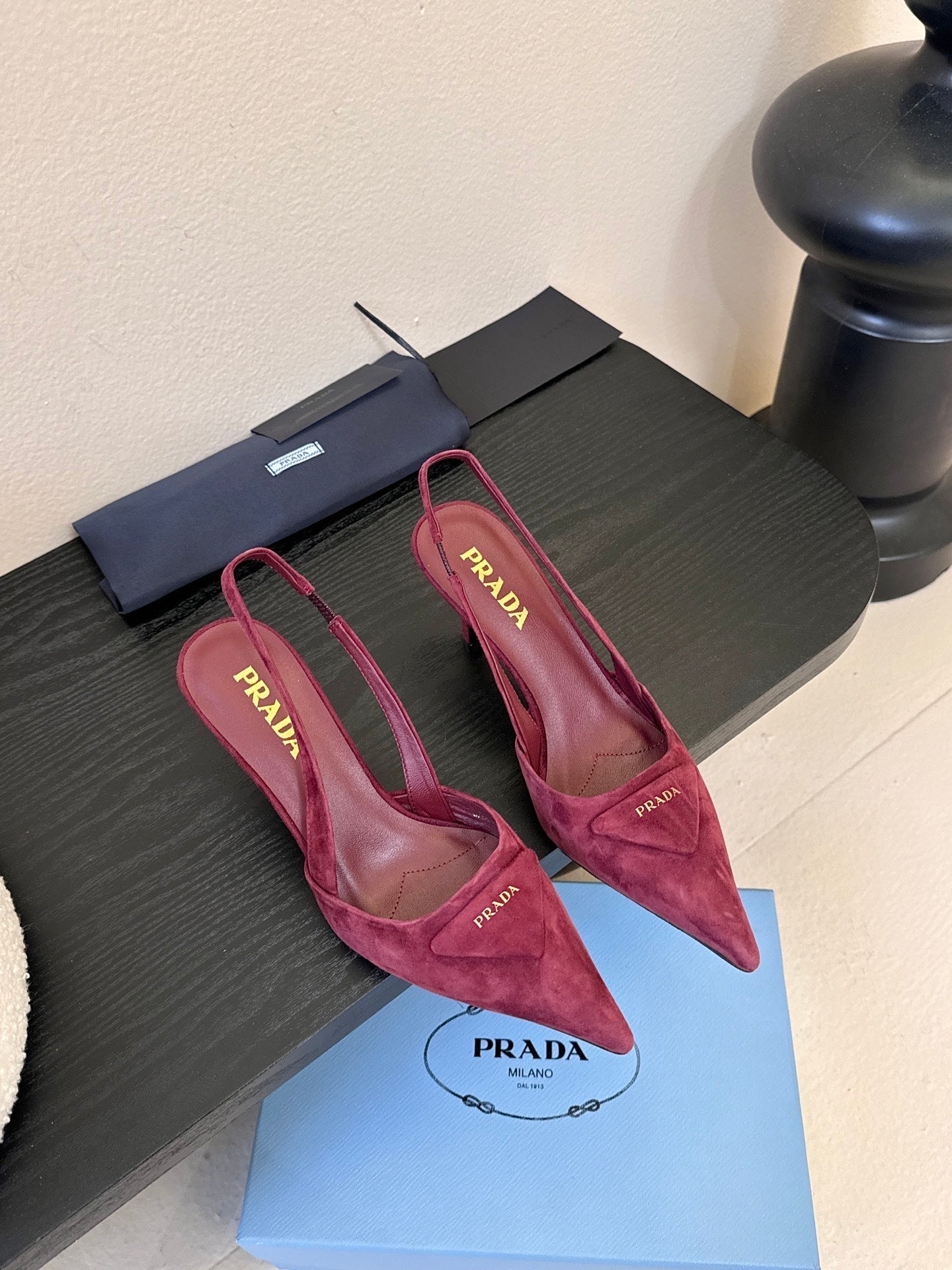 PRADA 26S POINTED TOE SLINGBACK HEELS 60MM IN DARK RED SUDE WITH LOGO