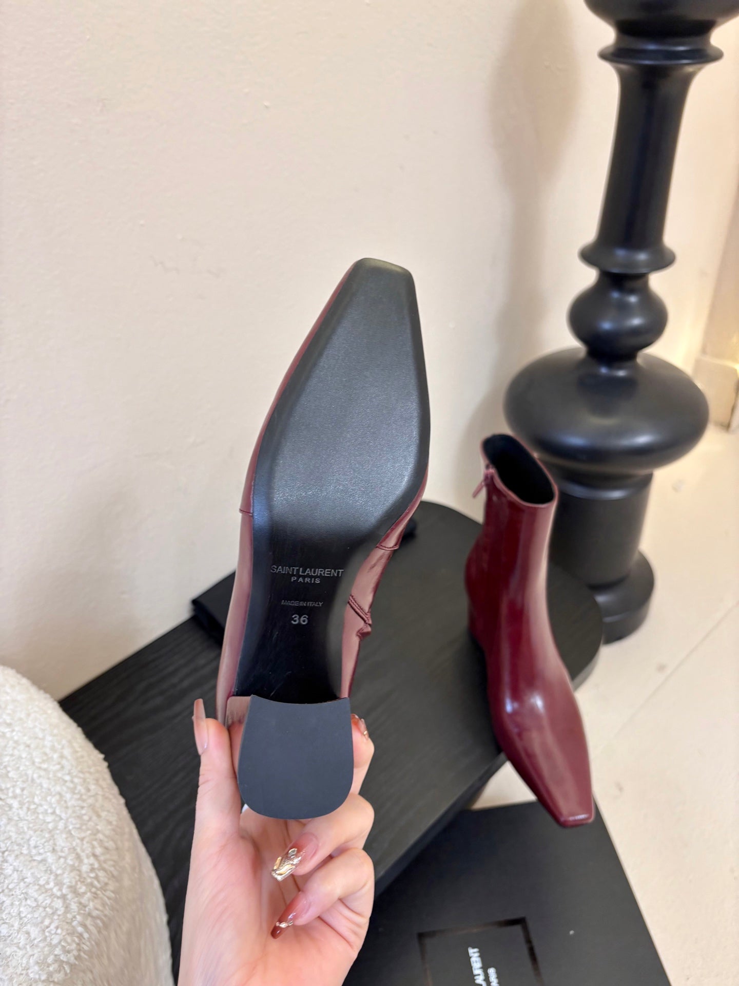 YSL 26S HEELED ANKLE BOOTS IN DARK RED SHINY CALFSKIN