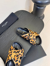 YSL 26S CROSS-STRAP SANDALS IN LEOPARD PRINT CALFSKIN HAIR STYLE 1