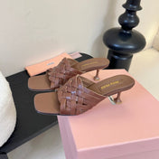 MIUMIU 26S IVETTE WOVEN HEELED SANDALS 40MM IN BROWN CALFSKIN