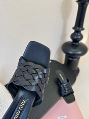 MIUMIU 26S IVETTE WOVEN HEELED SANDALS 40MM IN BLACK CALFSKIN