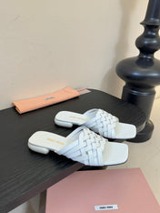MIUMIU 26S IVETTE WOVEN SLIDE SANDALS IN WHITE CALFSKIN