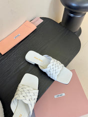 MIUMIU 26S IVETTE WOVEN SLIDE SANDALS IN WHITE CALFSKIN