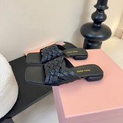 MIUMIU 26S IVETTE WOVEN SLIDE SANDALS IN BLACK CALFSKIN