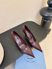 PRADA 26S POINTED-TOE HIGH HEELS IN BURGUNDY RED LAMBSKIN