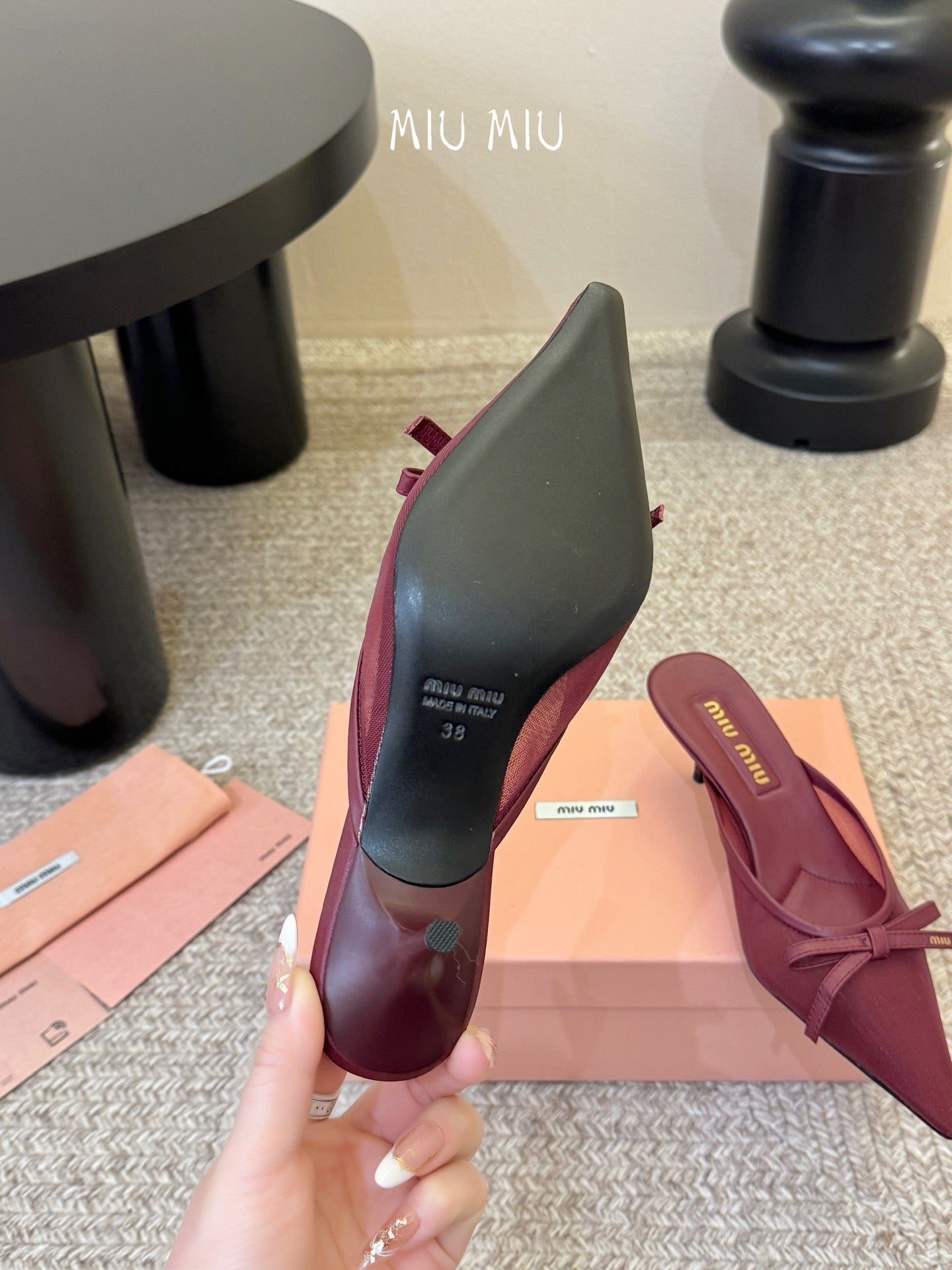 MIUMIU 26S HEEL MULES IN DARK RED MESH AND LAMBSKIN