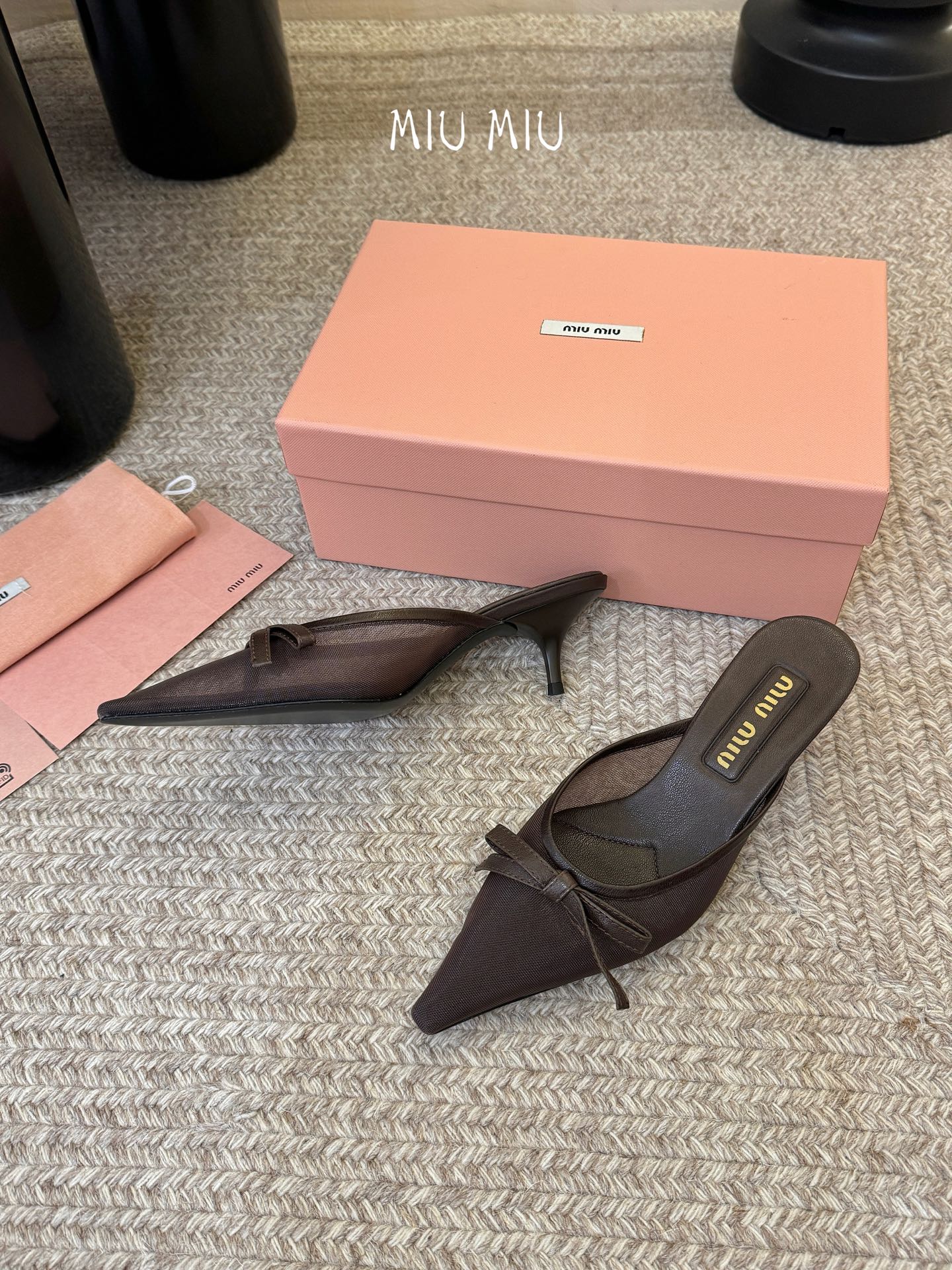 MIUMIU 26S HEEL MULES IN CHOCOLATE BROWN MESH AND LAMBSKIN