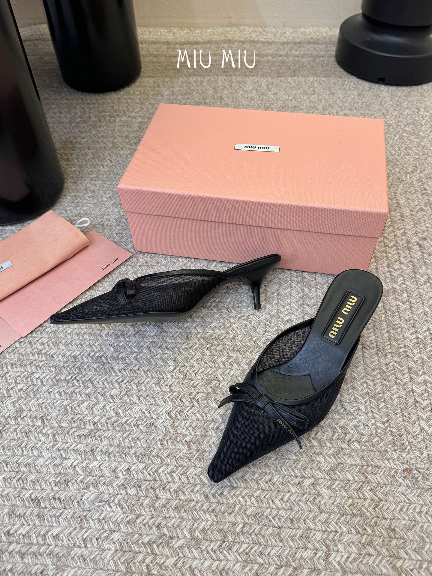 MIUMIU 26S HEEL MULES IN BLACK MESH AND LAMBSKIN