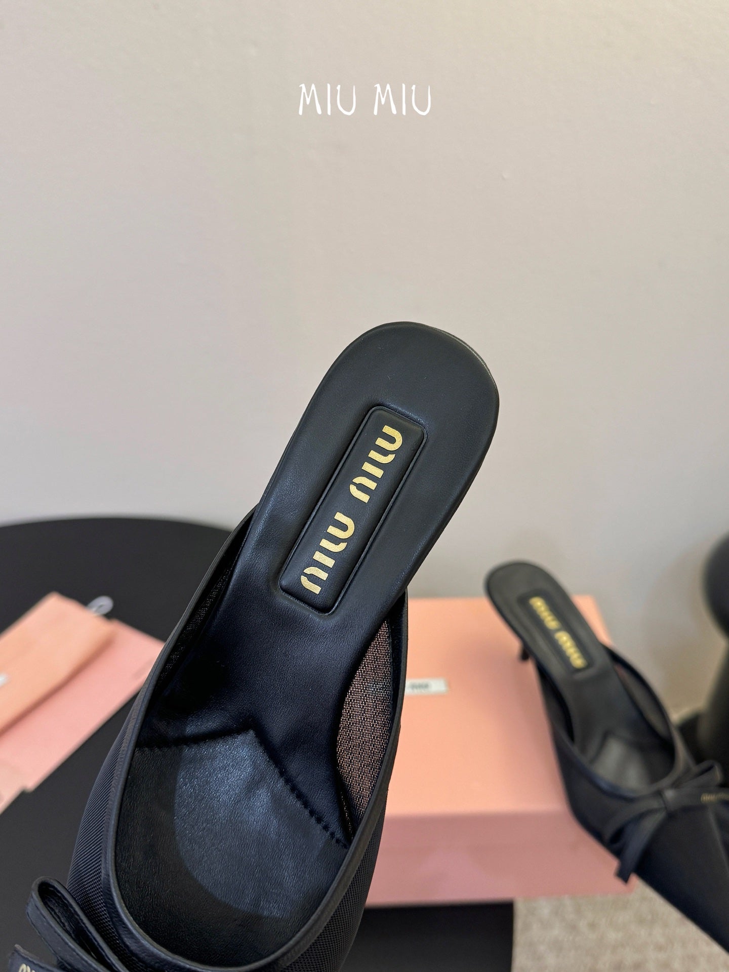 MIUMIU 26S HEEL MULES IN BLACK MESH AND LAMBSKIN