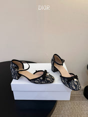 DIOR 26S HEEL ANKLE STRAP PUMPS IN BLUE DIOR OBLIQUE EMBROIDERED CANVAS WITH BOW