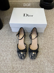 DIOR 26S HEEL ANKLE STRAP PUMPS IN BLUE DIOR OBLIQUE EMBROIDERED CANVAS WITH BOW
