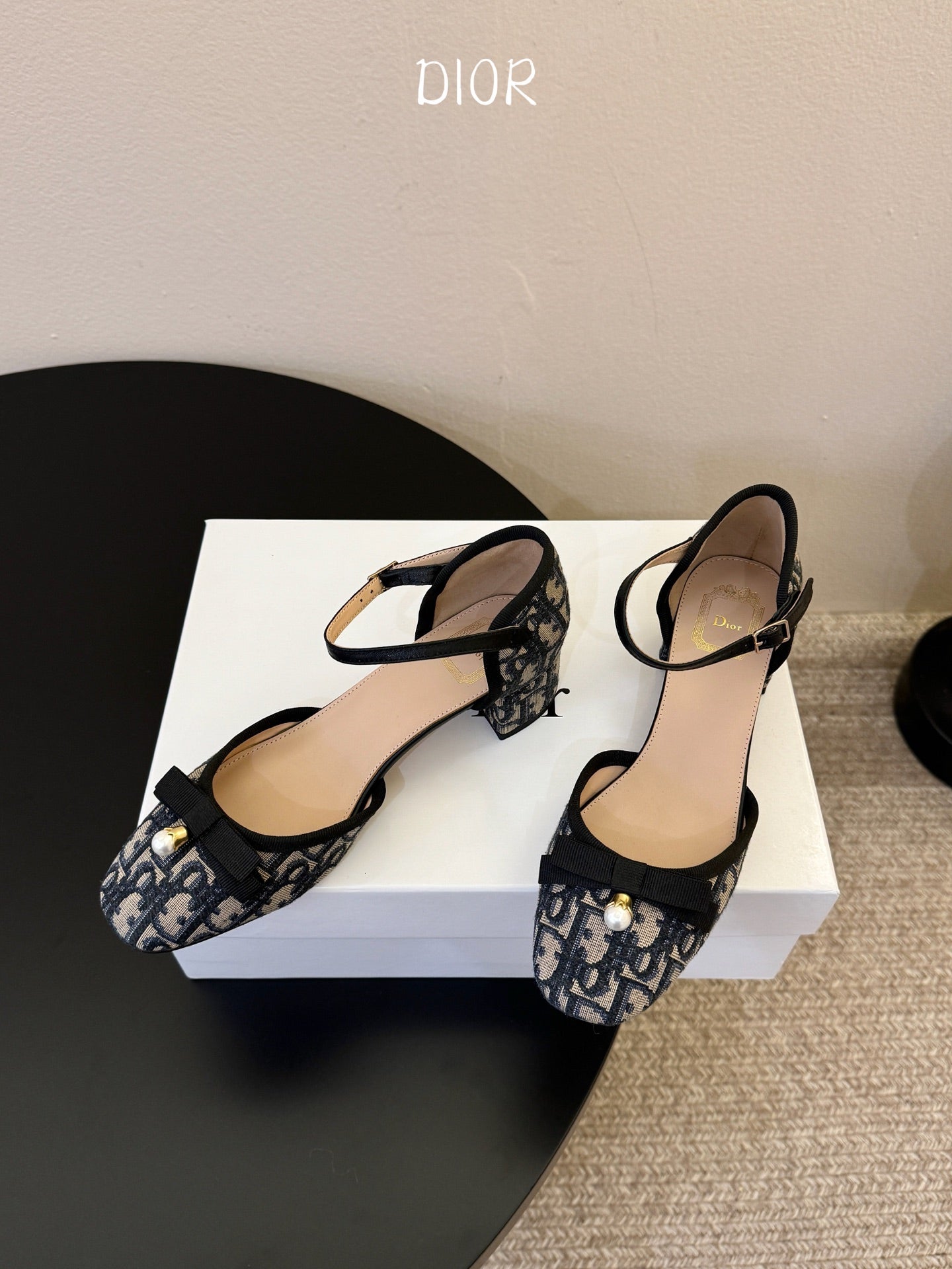 DIOR 26S HEEL ANKLE STRAP PUMPS IN BLUE DIOR OBLIQUE EMBROIDERED CANVAS WITH BOW