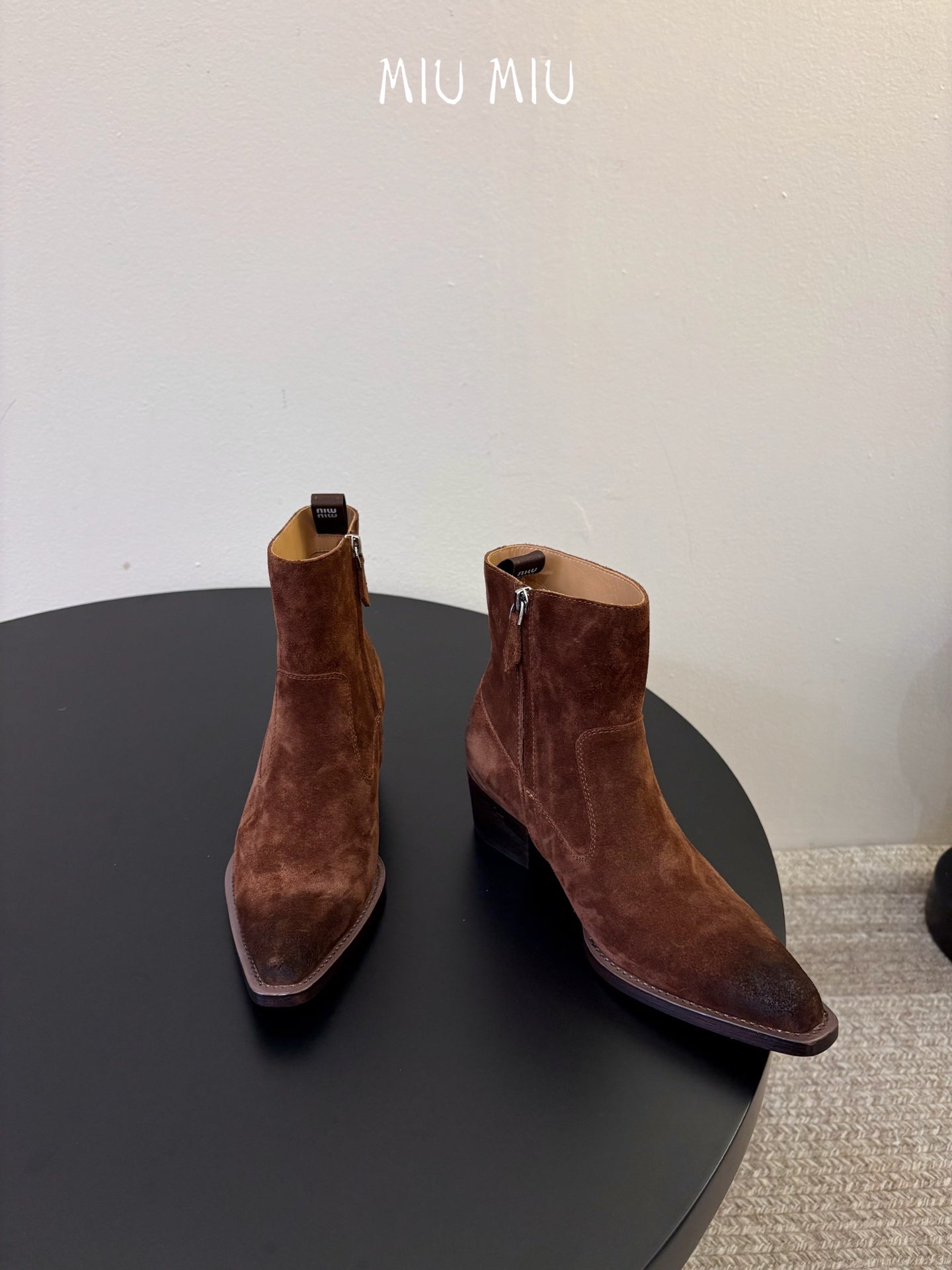 MIUMIU 26S WESTERN ANKLE BOOTS IN BROWN SUEDE