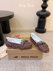 MIUMIU 26S LACE-UP BALLET IN DARK BROWN CALFSKIN