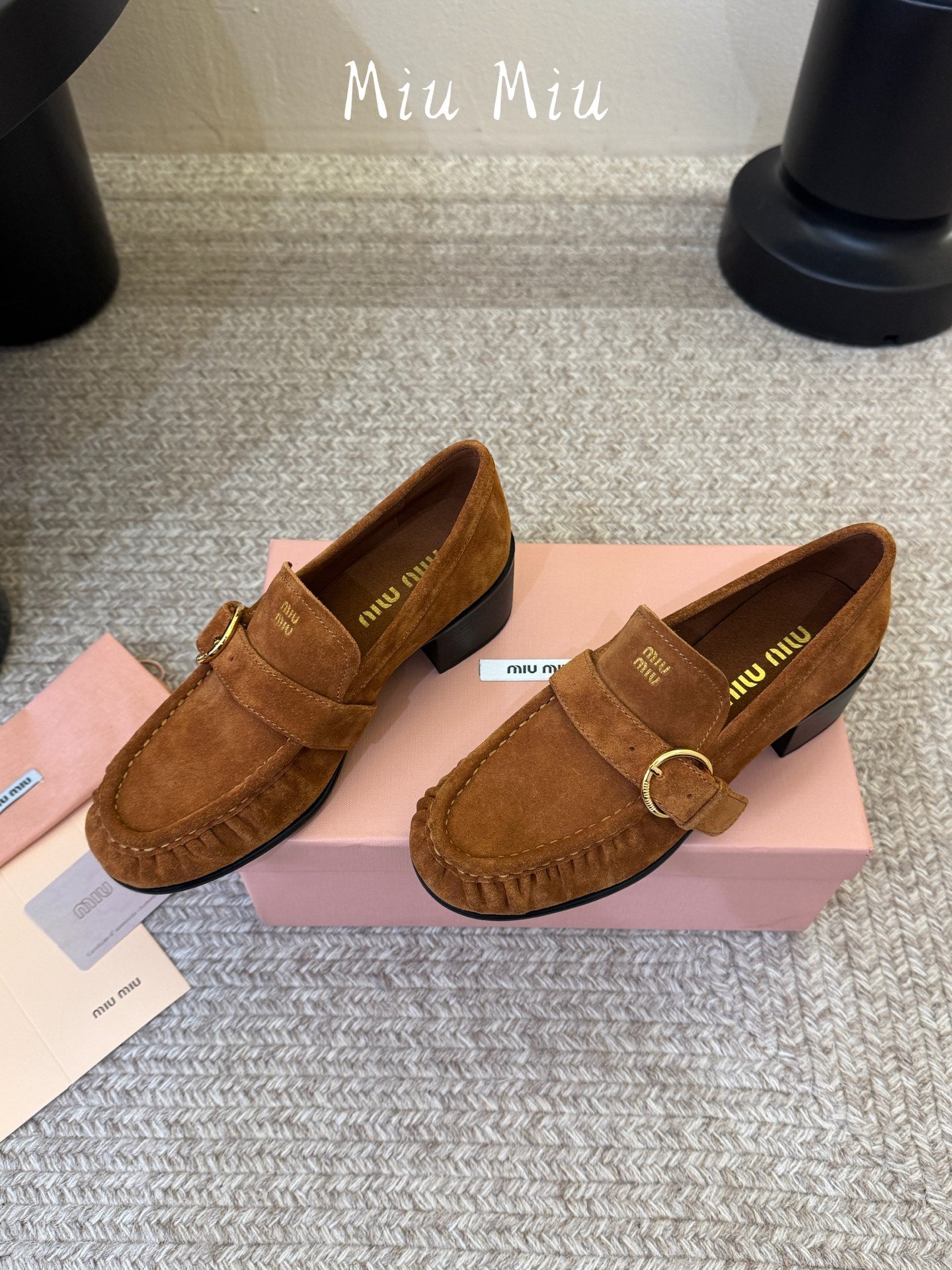 MIUMIU 26S HEEL LOAFERS 50 MM IN BROWN SUEDE