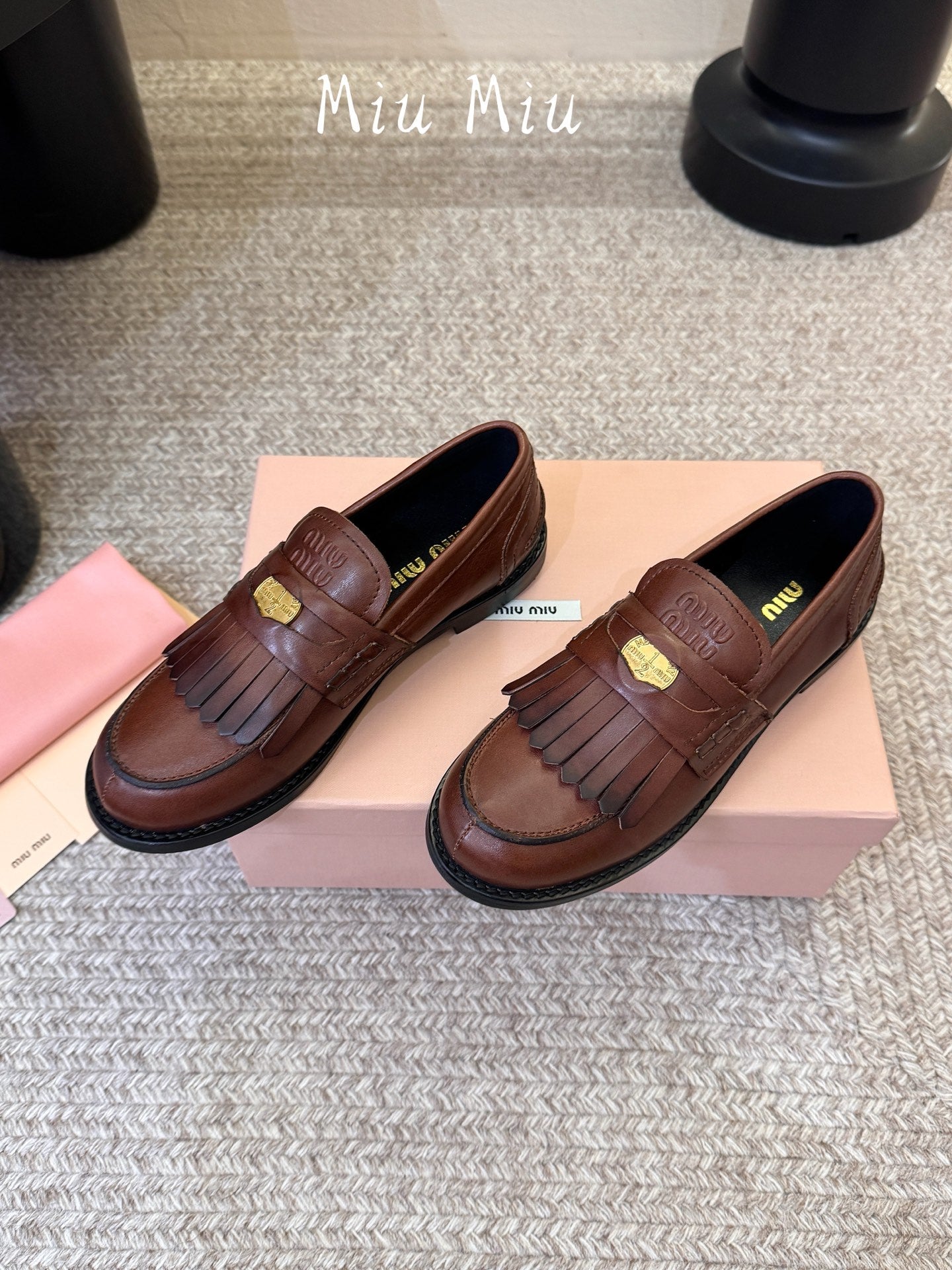 MIUMIU 26S FRINGE PENNY LOAFERS IN VINTAGE BROWN CALFSKIN