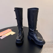 MIUMIU 26S LACE-UP KNEE-HIGH BOOTS IN BLACK CALFSKIN