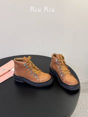 MIUMIU 26S ANKLE MOUNTAIN BOOTS IN CAMEL BROWN CALFSKIN