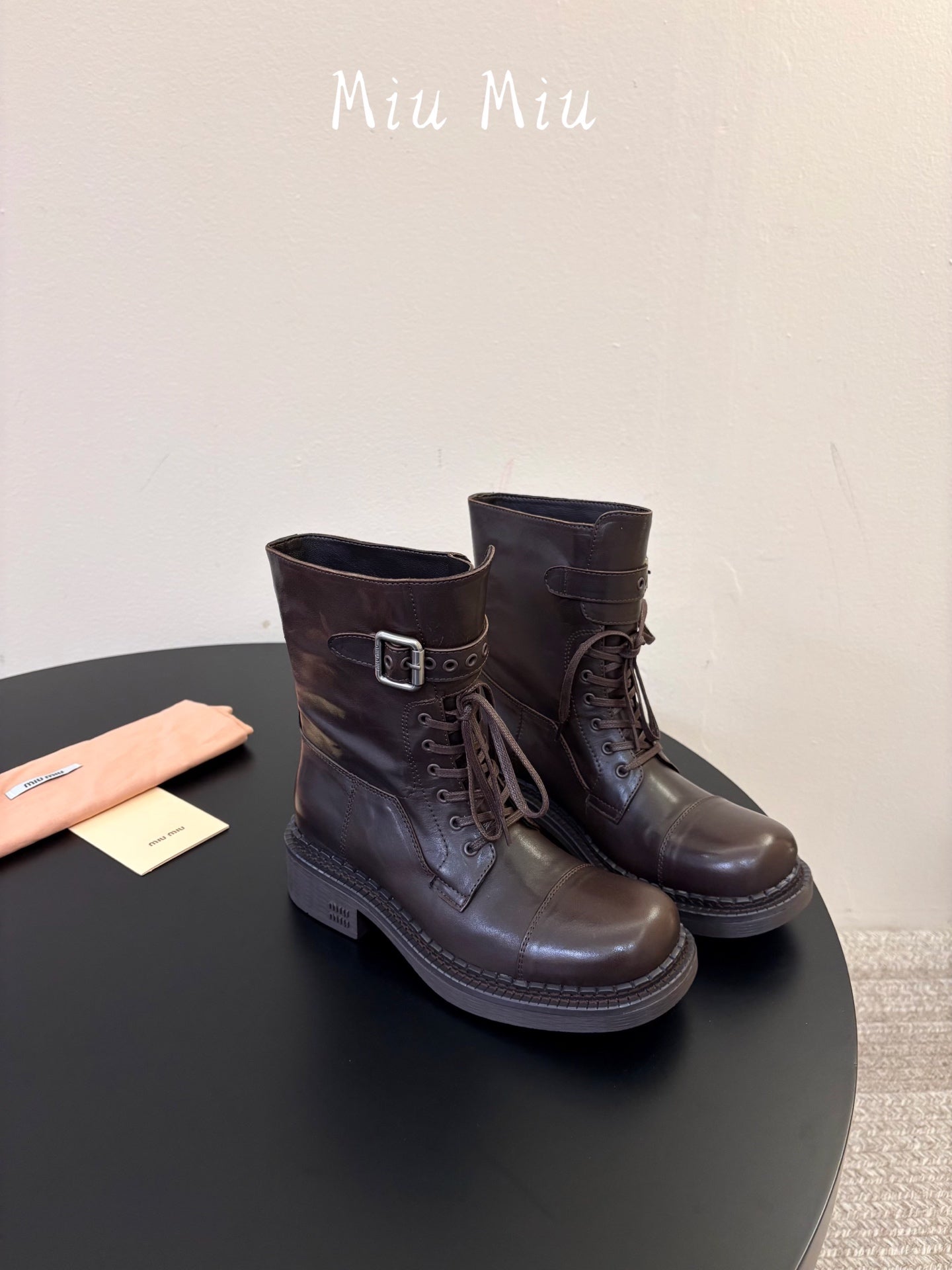 MIUMIU 26S LACE-UP ANKLE BOOTS IN BROWN CALFSKIN
