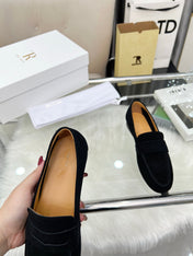 THE ROW 26S PENNY LOAFERS IN BLACK SUEDE