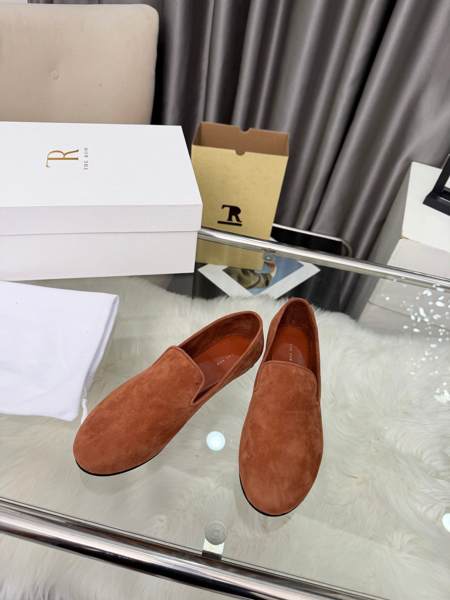THE ROW 26S CLASSIC LOAFER FLATS IN COGNAC BROWN SUEDE
