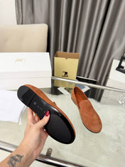 THE ROW 26S CLASSIC LOAFER FLATS IN COGNAC BROWN SUEDE