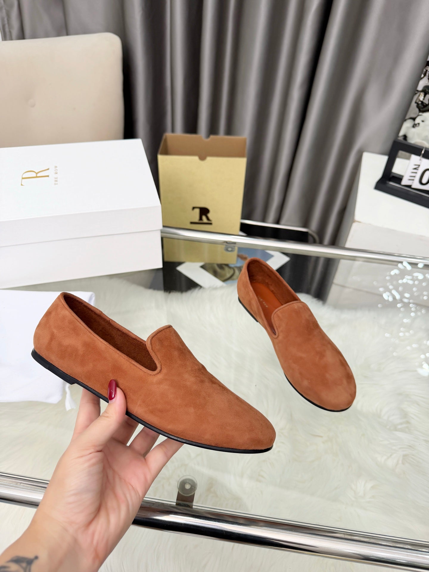 THE ROW 26S CLASSIC LOAFER FLATS IN COGNAC BROWN SUEDE