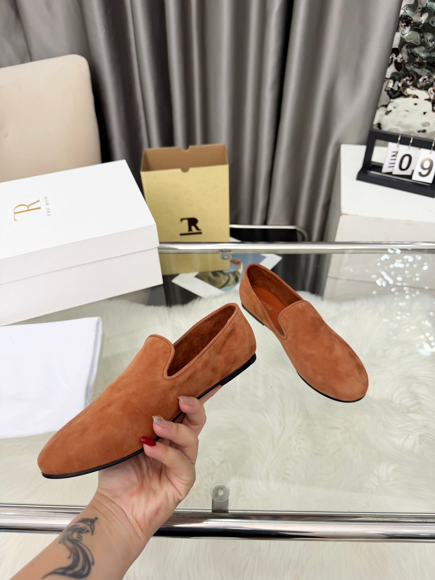 THE ROW 26S CLASSIC LOAFER FLATS IN COGNAC BROWN SUEDE
