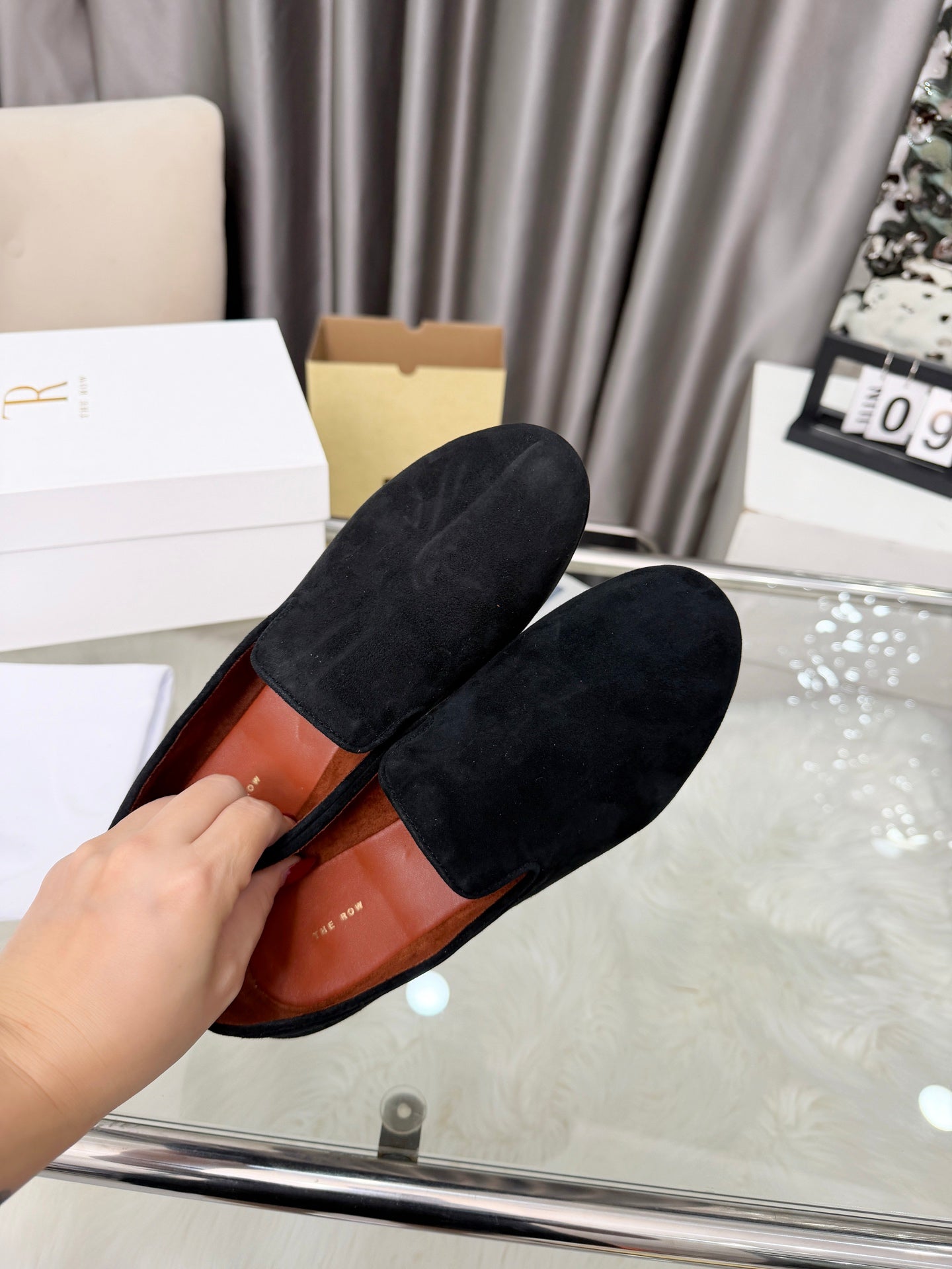 THE ROW 26S CLASSIC LOAFER FLATS IN BLACK SUEDE