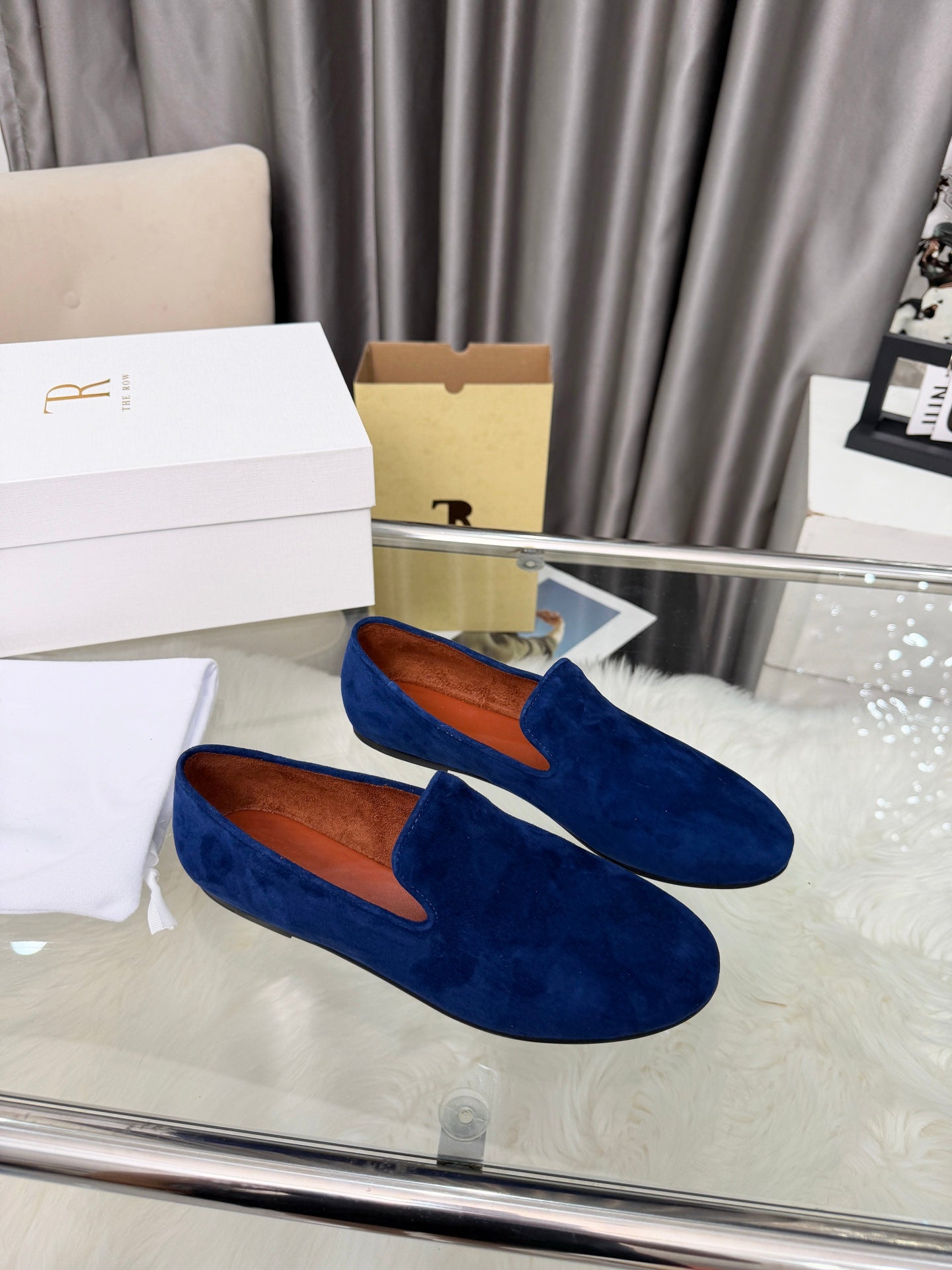 THE ROW 26S CLASSIC LOAFER FLATS IN DARK BLUE SUEDE
