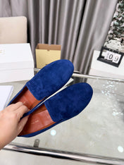 THE ROW 26S CLASSIC LOAFER FLATS IN DARK BLUE SUEDE