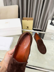THE ROW 26S CLASSIC LOAFER FLATS IN DARK BROWN SUEDE