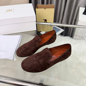 THE ROW 26S CLASSIC LOAFER FLATS IN DARK BROWN SUEDE