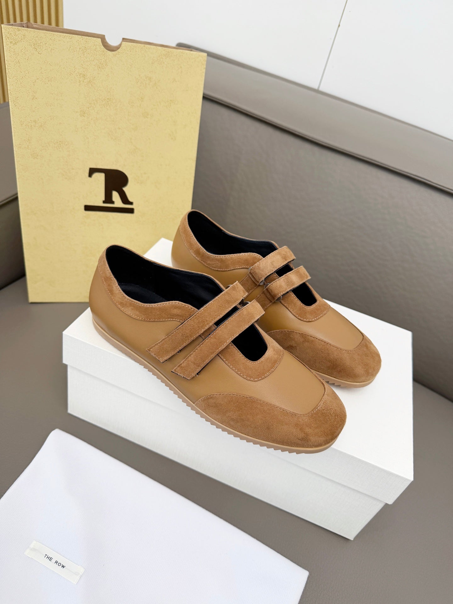 THE ROW 26S DOUBLE STRAP MARY JANE SNEAKERS IN CAMEL BROWN CALFSKIN AND SUEDE