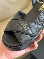 CC CLASSIC WEDGE SANDALS IN BLACK LAMBSKIN