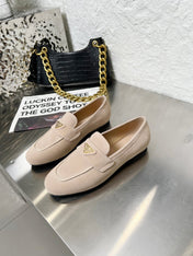 PRADA 26S CLASSIC LOAFERS IN NUDE BEIGE LOGO SUEDE