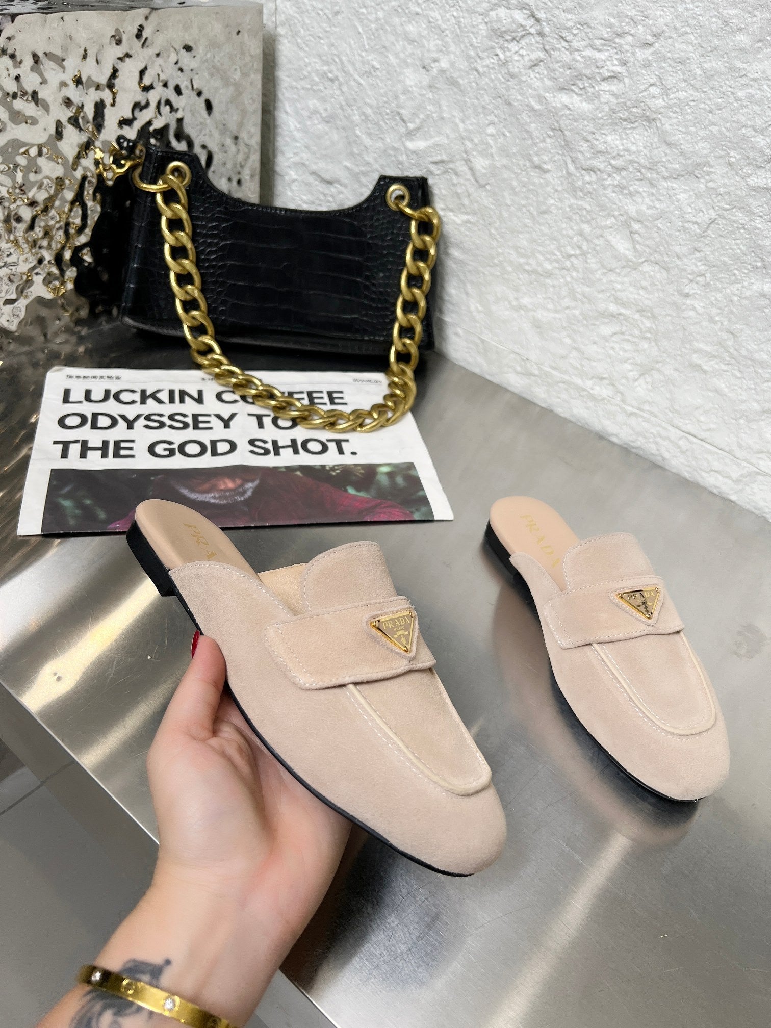 PRADA 26S MULE LOAFERS IN NUDE BEIGE SUEDE WITH LOGO