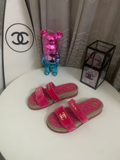 CHANEL 26S SLIDE SANDALS IN PINK VELVET AND CALFSKIN WITH ROPE SOLE GOLD HARDWARE