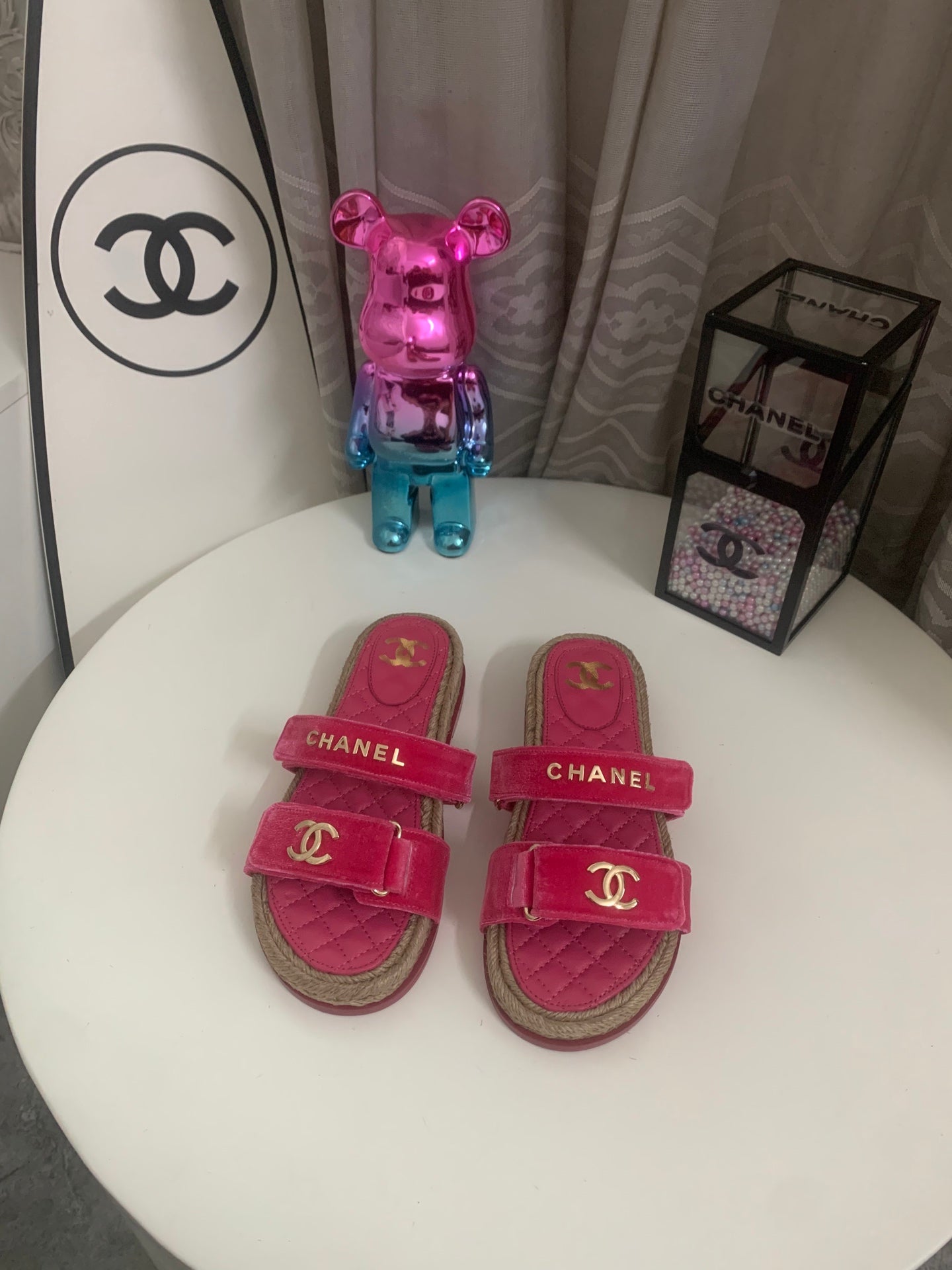 CHANEL 26S SLIDE SANDALS IN PINK VELVET AND CALFSKIN WITH ROPE SOLE GOLD HARDWARE