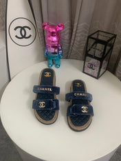 CHANEL 26S SLIDE SANDALS IN BLUE VELVET AND CALFSKIN WITH ROPE SOLE GOLD HARDWARE