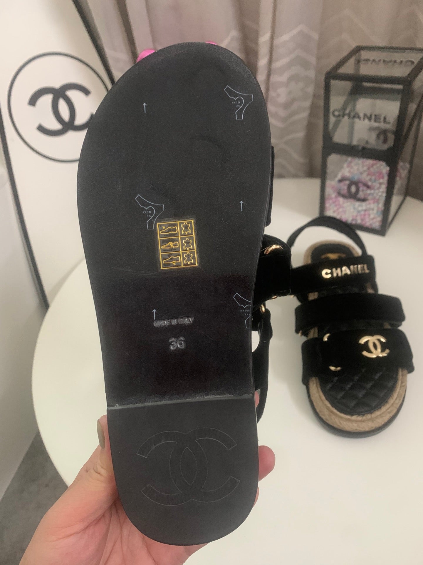 CHANEL 26S STRAPPY SANDALS IN BLACK VELVET WITH ROPE SOLE GOLD HARDWARE