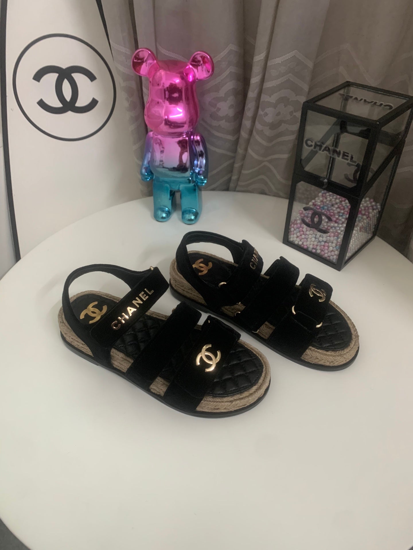 CHANEL 26S STRAPPY SANDALS IN BLACK VELVET WITH ROPE SOLE GOLD HARDWARE