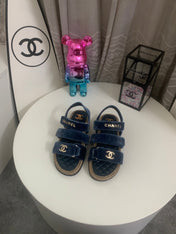 CHANEL 26S STRAPPY SANDALS IN NAVY BLUE VELVET WITH ROPE SOLE GOLD HARDWARE