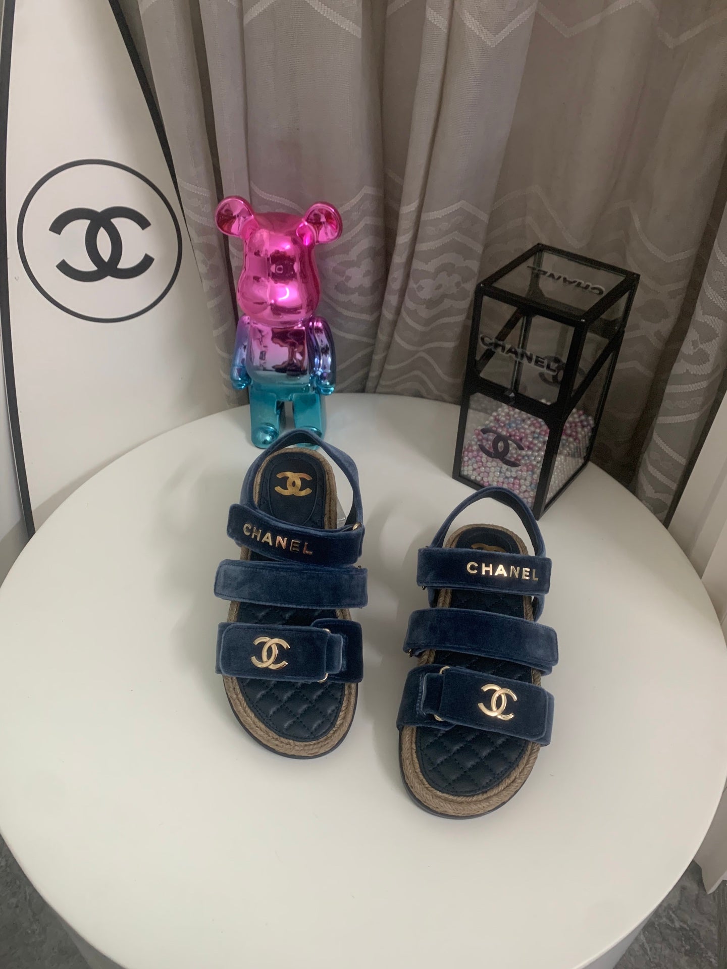 CHANEL 26S STRAPPY SANDALS IN NAVY BLUE VELVET WITH ROPE SOLE GOLD HARDWARE