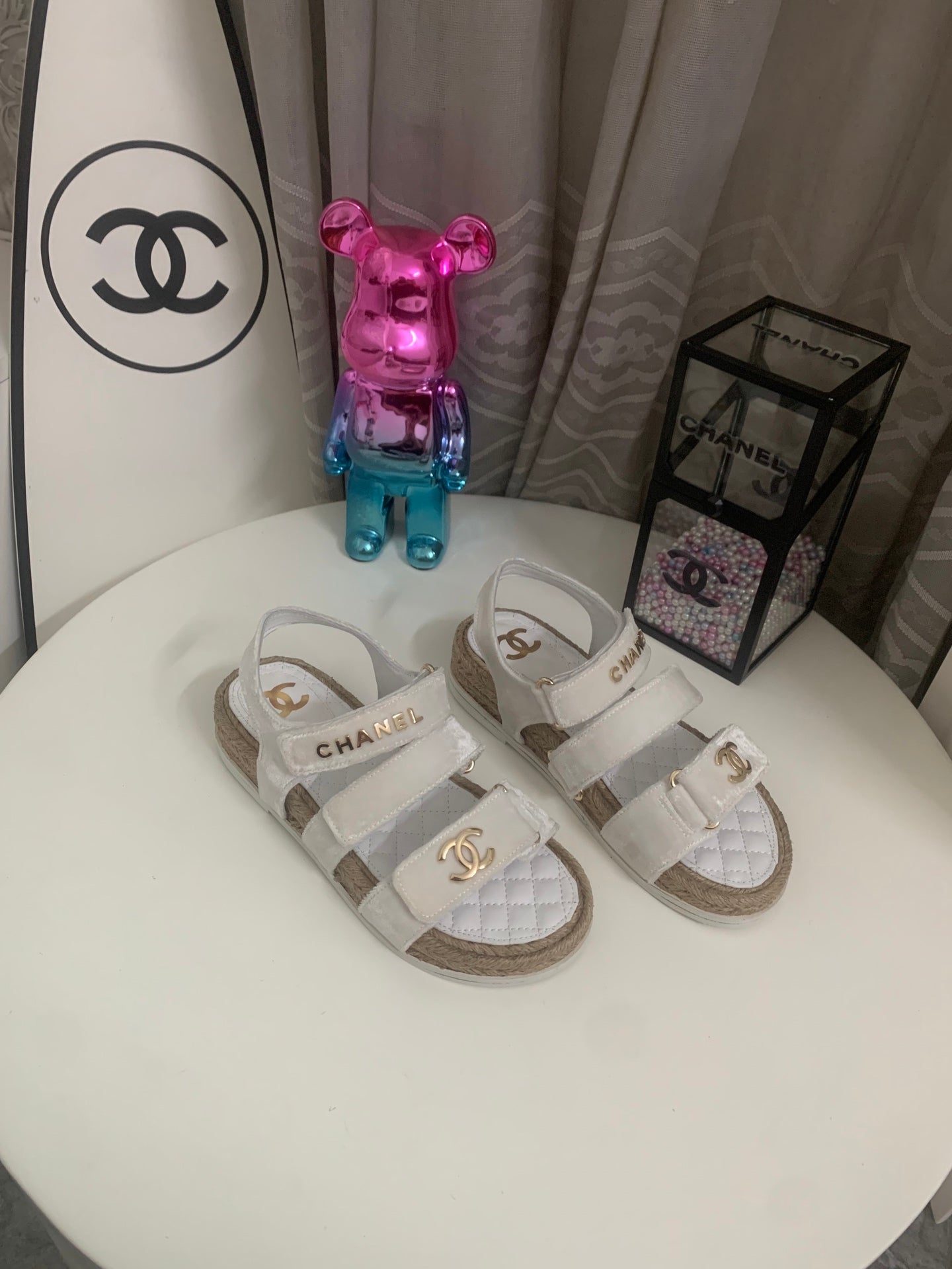 CHANEL 26S STRAPPY SANDALS IN WHITE VELVET WITH ROPE SOLE GOLD HARDWARE